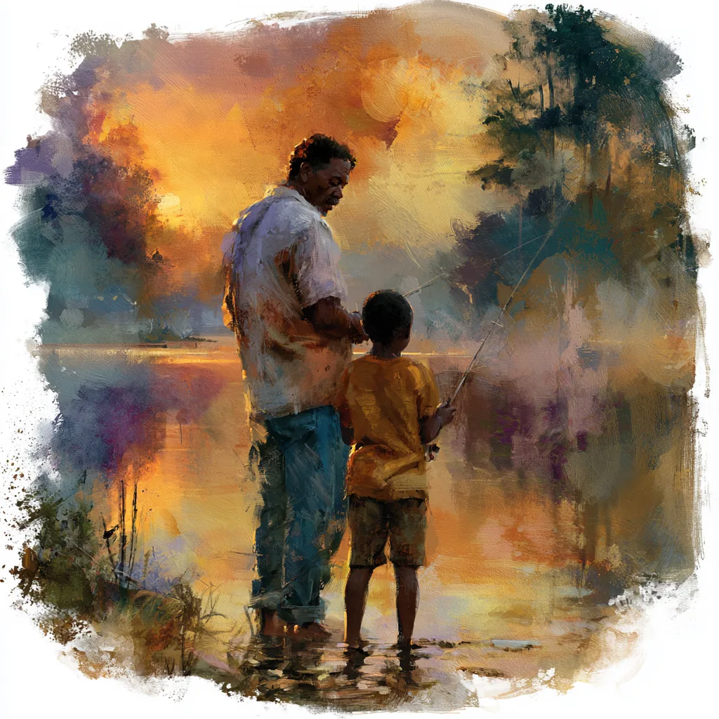 African American grandfather teaching grandson to fish at the water edge