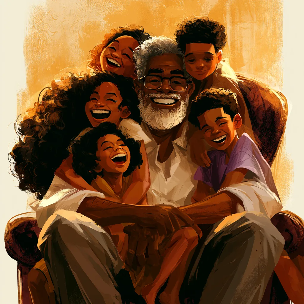 Beloved African American grandfather surrounded by laughing grandchildren and family