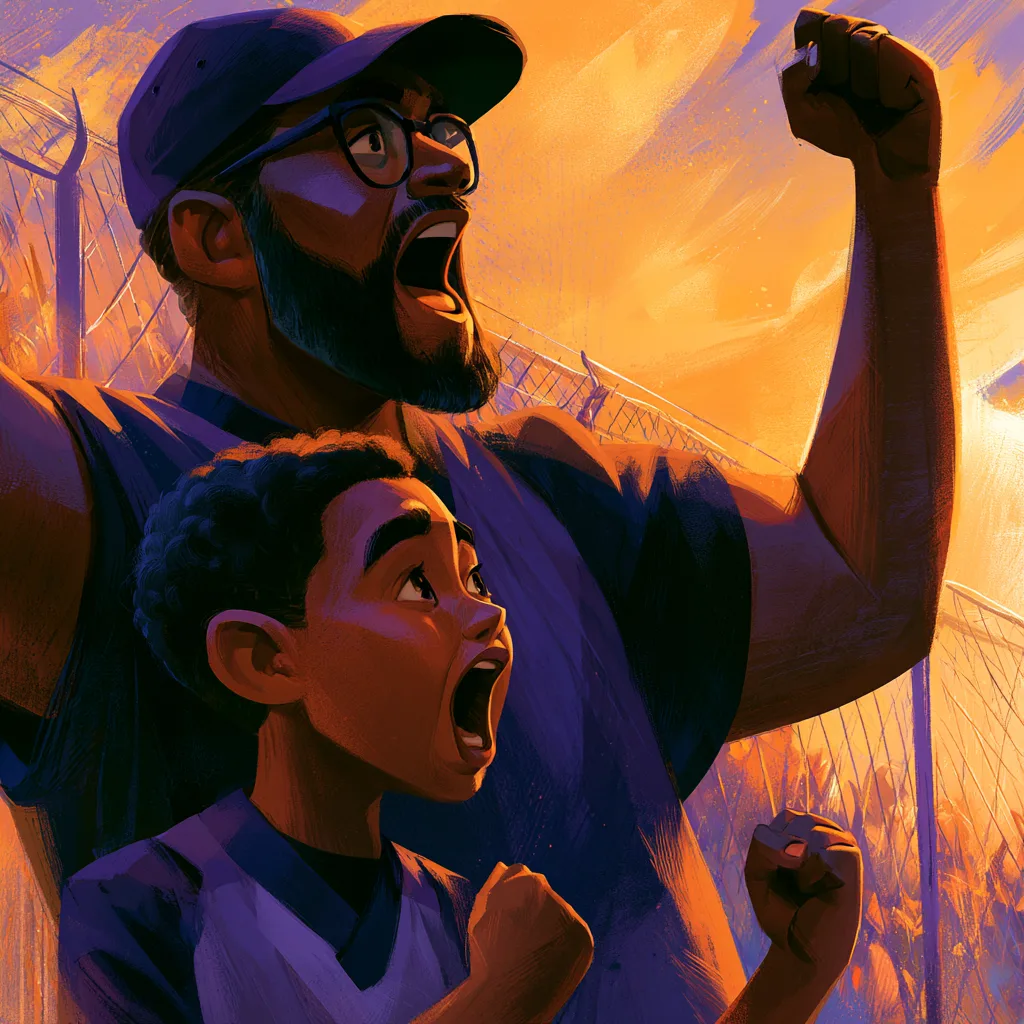 African American single dad cheering excitedly at his son's game