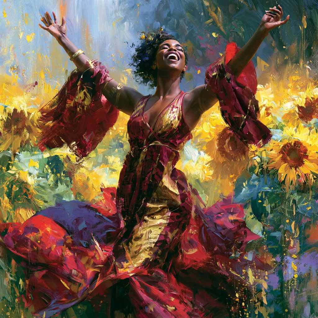 African American woman in flowing red and gold dancing joyfully among sunflowers