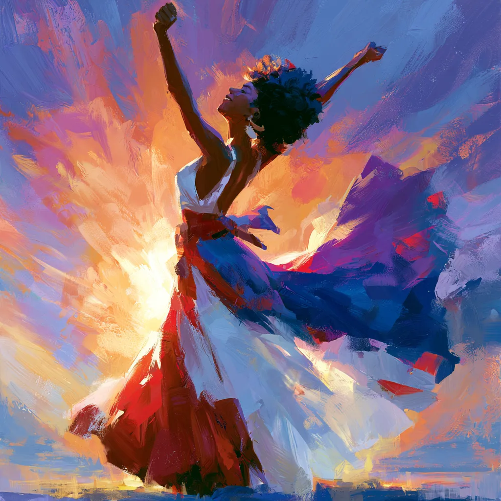 African American woman in red white and blue dress celebrating freedom with arms raised