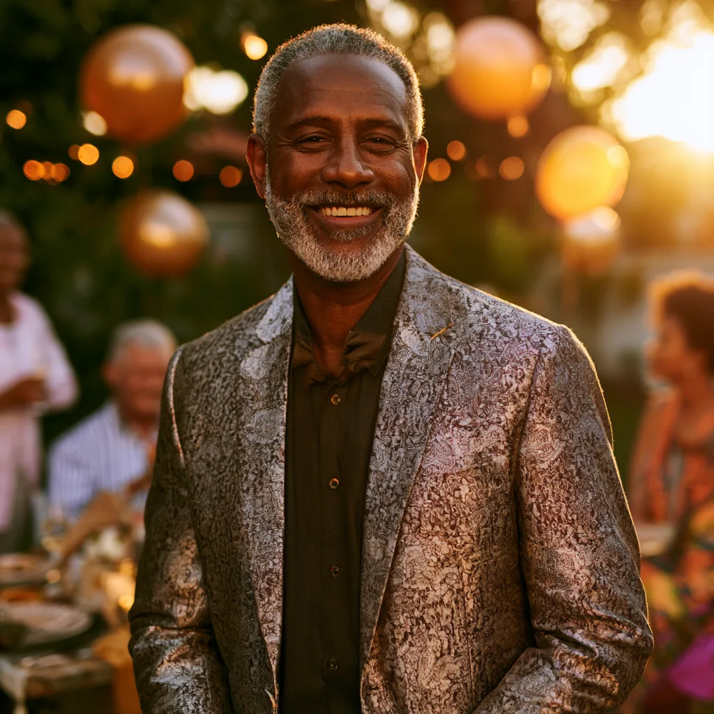 Distinguished older Black man in ornate blazer smiling at outdoor golden hour birthday celebration