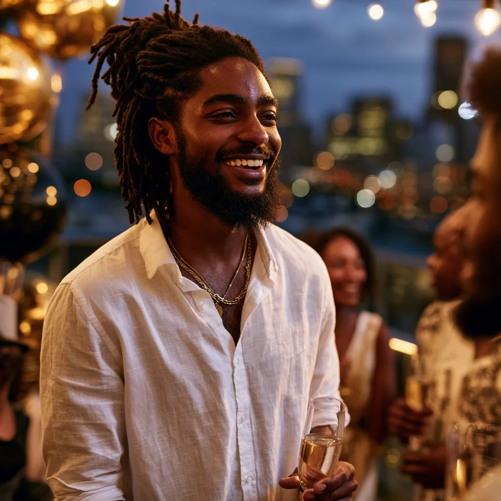 Handsome young Black man with locs in white shirt holding champagne at rooftop birthday party with city skyline