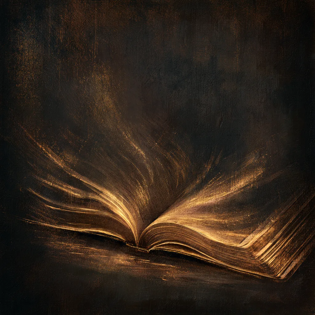Open Bible with golden light radiating from its pages in the dark