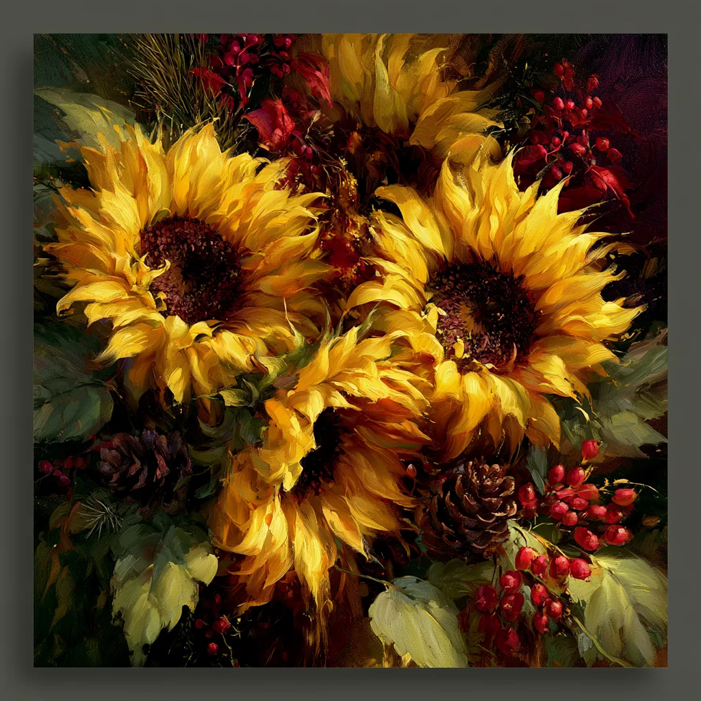 Vibrant sunflowers mixed with holiday elements in a lush arrangement