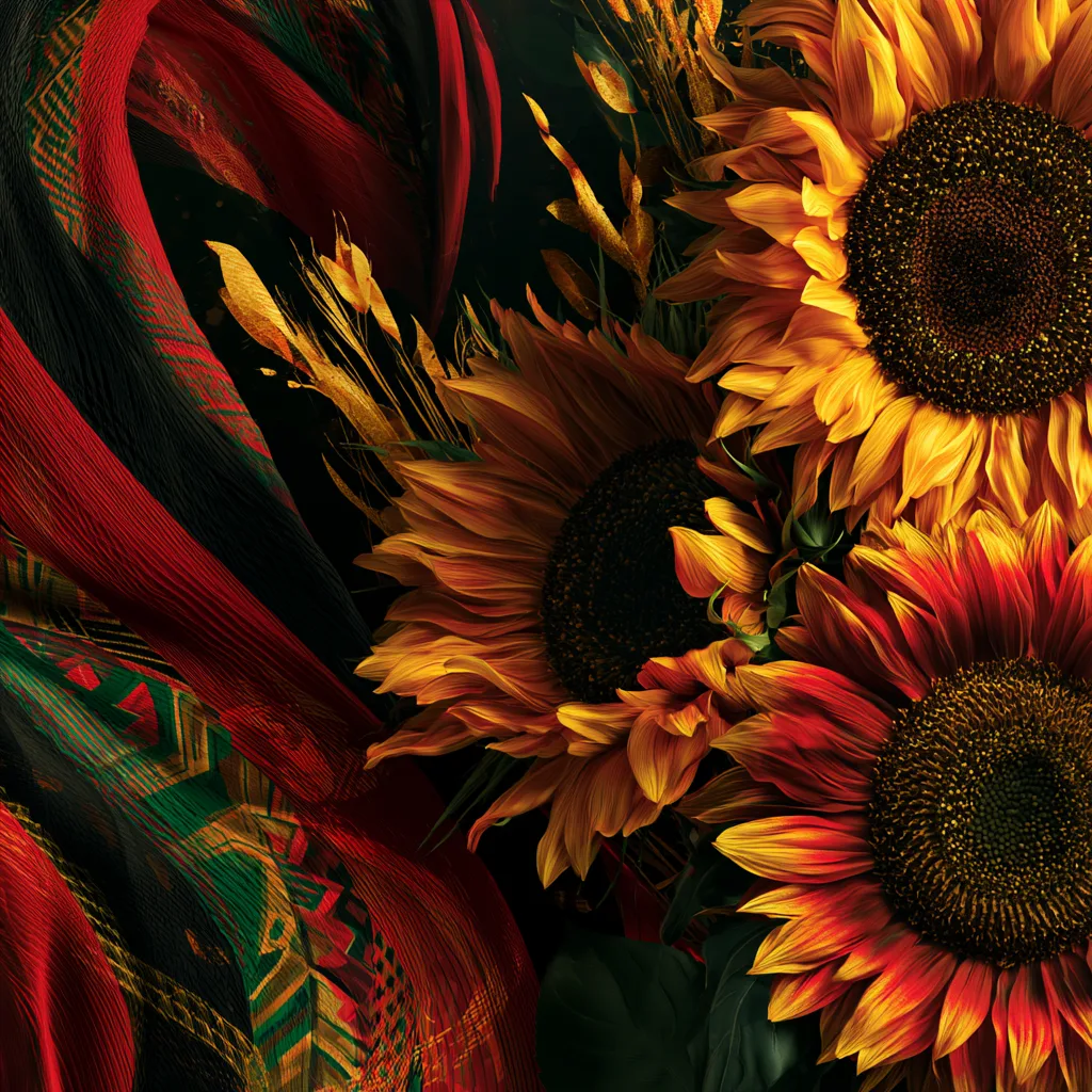 Sunflowers with red black and green Pan-African ribbon accents close view