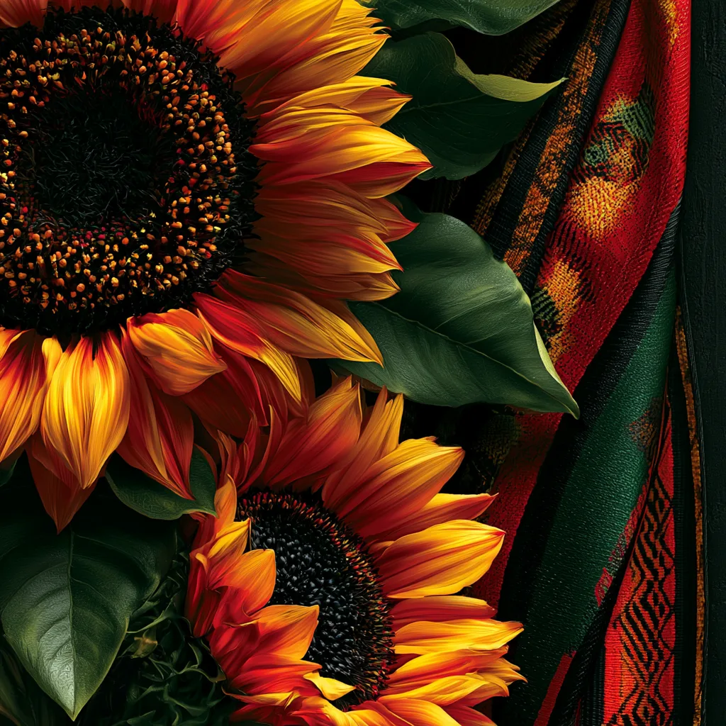 Close-up sunflowers with Kente fabric in red black and green Pan-African colors